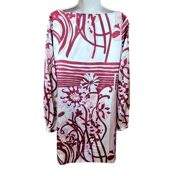 Hale Bob Ivory Satin Abstract Floral Print Boatneck, Long Sleeve Shift Dress - Picture 2 of 9